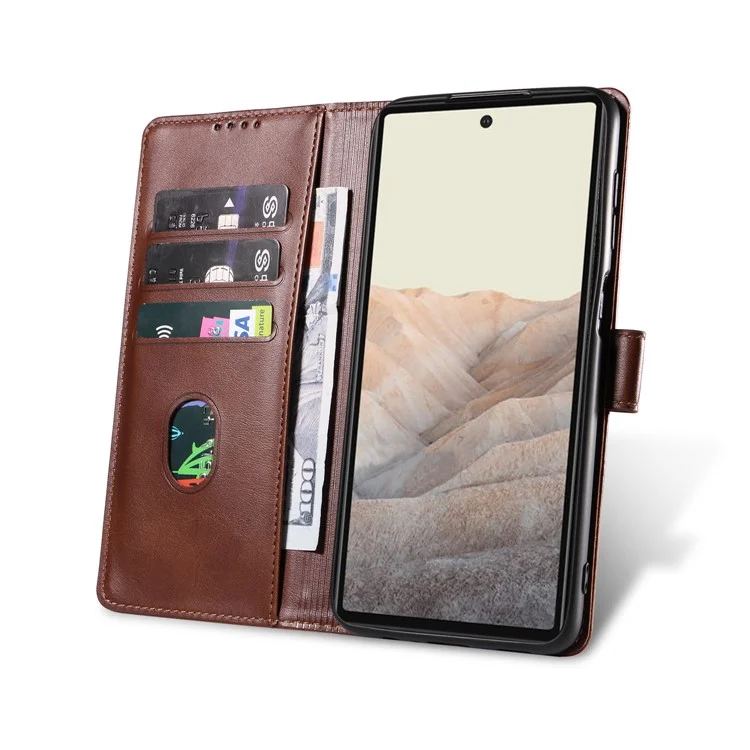 Folio Flip Magnetic Clasp Textured PU Leather + Soft TPU Phone Cover Case for Google Pixel 6 Pro - Brown