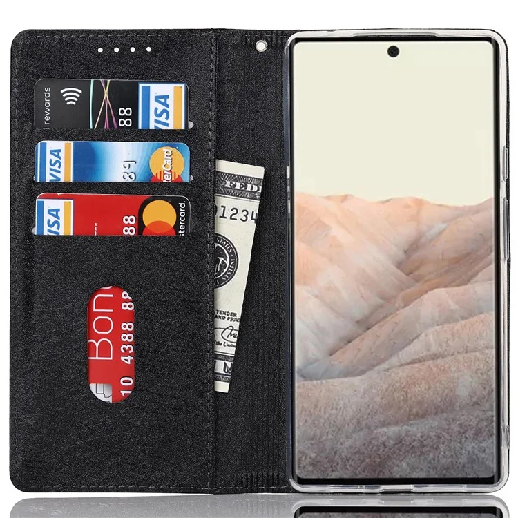 Pour Google Pixel 6 Pro Mobile Phone Shell Sac Sac Anti-scratch Téléphone Anti-fall Texture de Texture en Soie en Soie Couverture de Portefeuille en Cuir Avec Sangle - le Noir