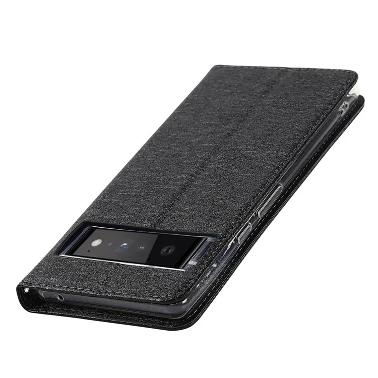Pour Google Pixel 6 Pro Mobile Phone Shell Sac Sac Anti-scratch Téléphone Anti-fall Texture de Texture en Soie en Soie Couverture de Portefeuille en Cuir Avec Sangle - le Noir