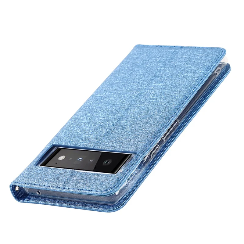 For Google Pixel 6 Pro Mobile Phone Shell Bag Anti-scratch Phone Case Anti-fall Shockproof Silk Texture Leather Wallet Cover with Strap - Blue