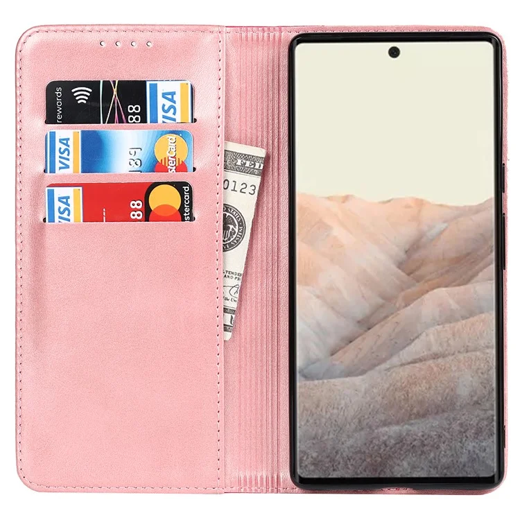 Para Google Pixel 6, Empalmante, Con Estilo de Billetera de Cuero Anti-scratch de Empalme Automático Con Soporte, Con Soporte - Oro Rosa/rosa