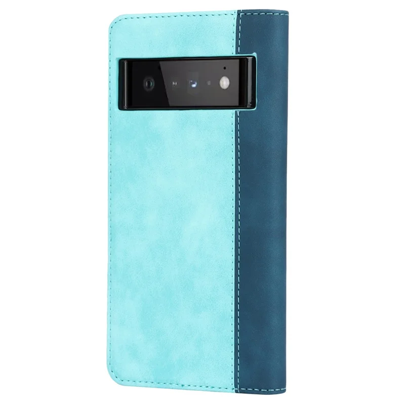 For Google Pixel 6 Auto-absorbed Bi-color Splicing Stylish Anti-scratch Leather Wallet Phone Case with Stand - Light Blue/Dark Blue
