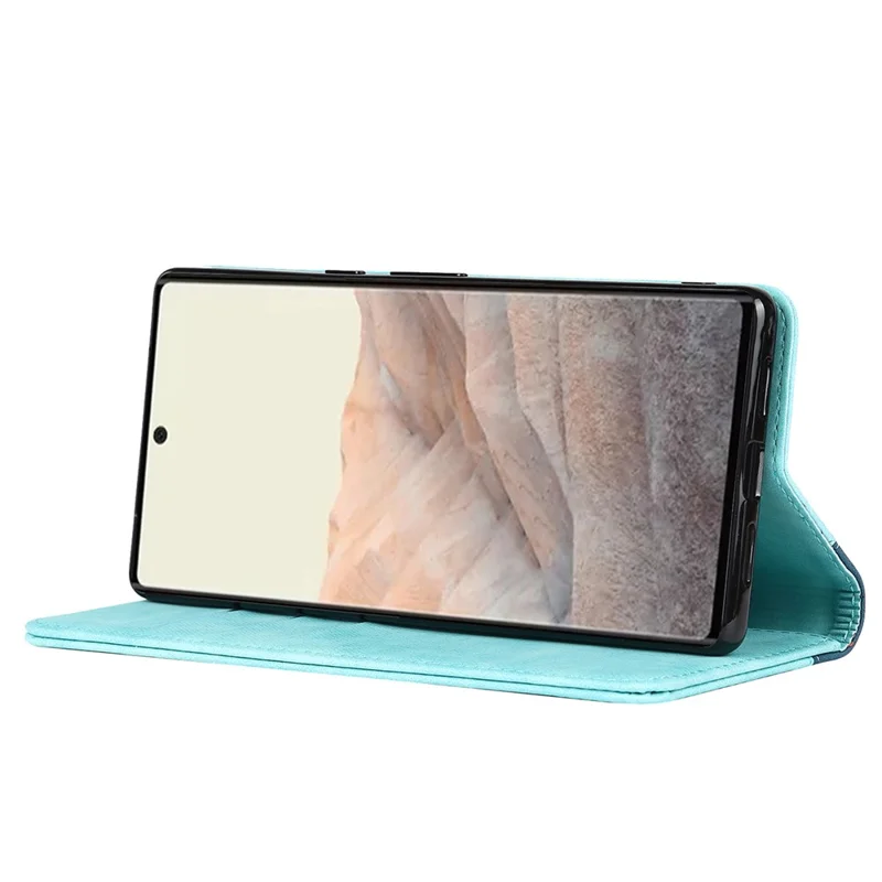 For Google Pixel 6 Auto-absorbed Bi-color Splicing Stylish Anti-scratch Leather Wallet Phone Case with Stand - Light Blue/Dark Blue