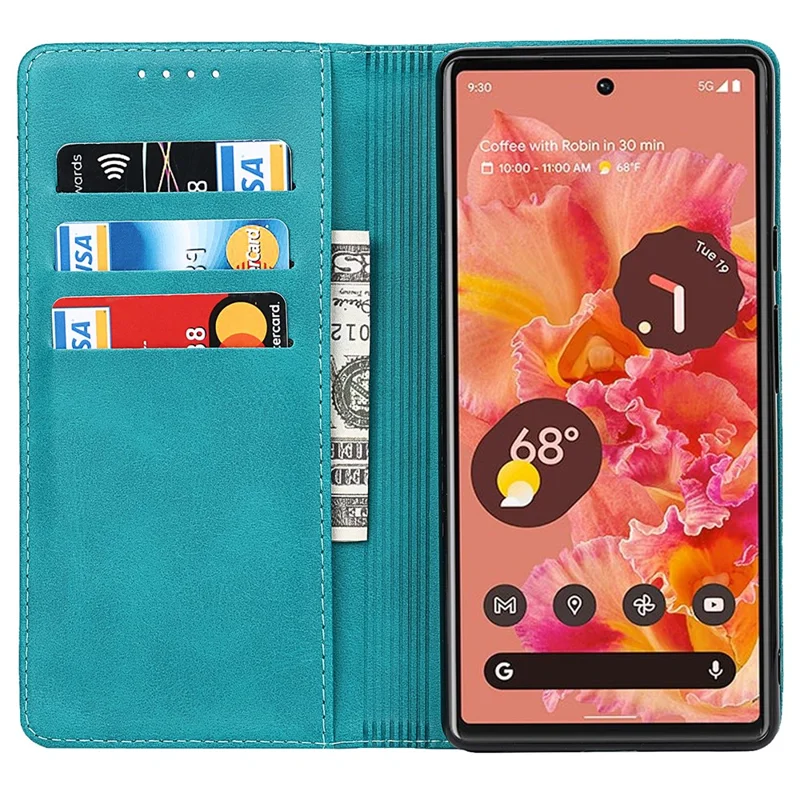 Til Google Pixel 6 Wallet Ståfunktion Drophård TPU+PU Kunstlæder Telefonbeskyttelsesdæksel - Himmeblå