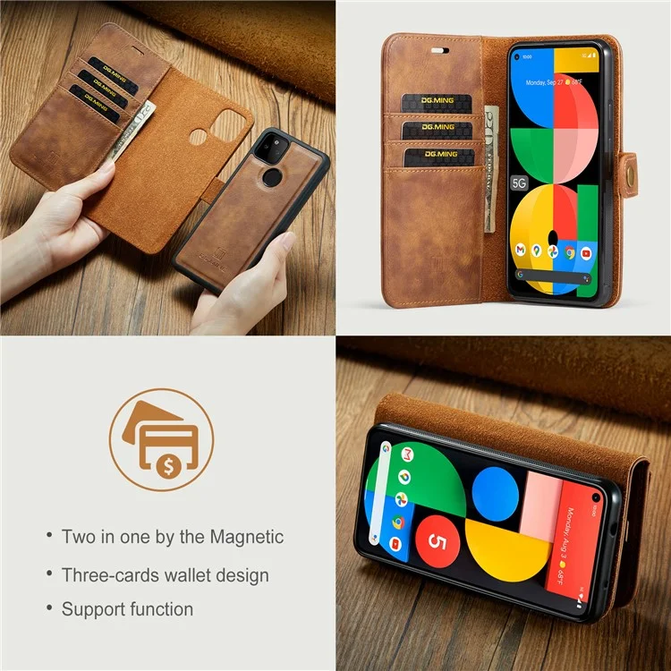 Dg. Ming Anti-scratch Bacca Pellofica Pollet Split Coperchio Coperchio Per Coperchio Fulle Shoh Sedachibile Custodia Per Telefono Interno 2 in 1 Per Google Pixel 5a 5G - Marrone