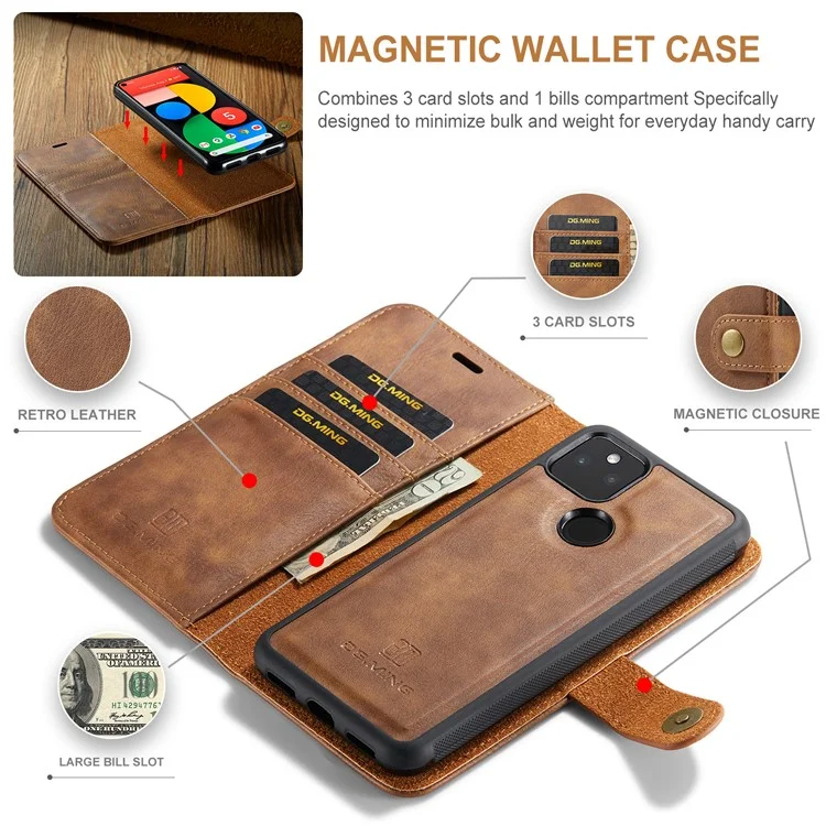 Dg. Ming Anti-scratch Bacca Pellofica Pollet Split Coperchio Coperchio Per Coperchio Fulle Shoh Sedachibile Custodia Per Telefono Interno 2 in 1 Per Google Pixel 5a 5G - Marrone