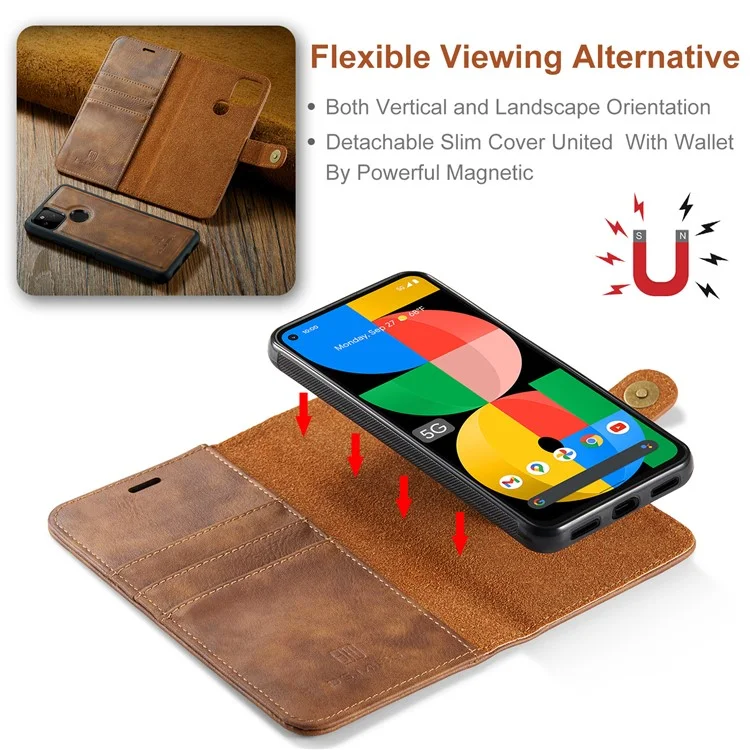 Dg. Ming Anti-scratch Bacca Pellofica Pollet Split Coperchio Coperchio Per Coperchio Fulle Shoh Sedachibile Custodia Per Telefono Interno 2 in 1 Per Google Pixel 5a 5G - Marrone