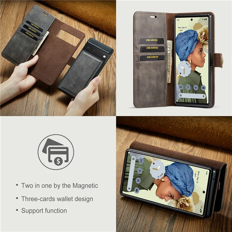 Dg. Ming Split Lething+tpu Custodia Interna Portafoglio Magnetica Magnetica Cover Per Telefono 2 in 1 Per Google Pixel 6 Pro - Grigio