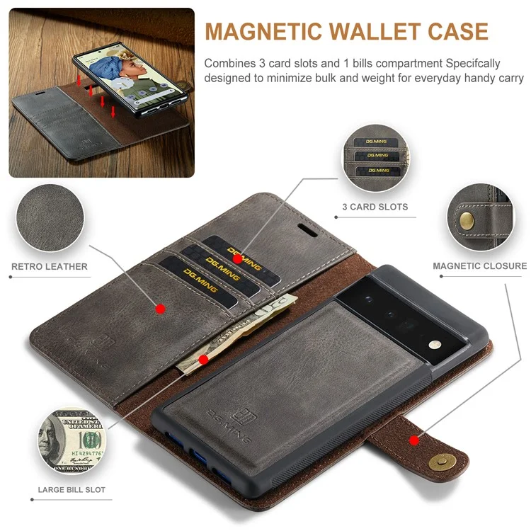 Dg. Ming Split Lething+tpu Custodia Interna Portafoglio Magnetica Magnetica Cover Per Telefono 2 in 1 Per Google Pixel 6 Pro - Grigio