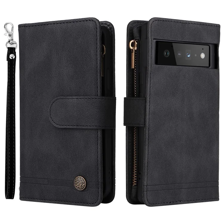 Drucken Von Streifen Hauttouch PU Leder Ständer Flip Reißverschluss Taschenabdeckungskartenhalter Slots Magnetische Verschluss Schockdicht Mit Riemen Für Google Pixel 6 Pro - Schwarz
