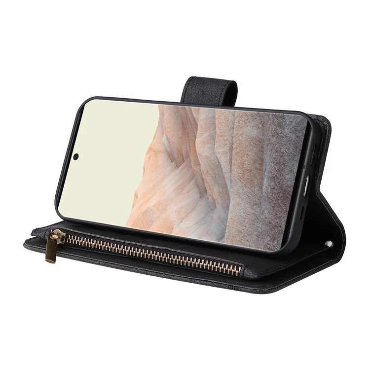 Drucken Von Streifen Hauttouch PU Leder Ständer Flip Reißverschluss Taschenabdeckungskartenhalter Slots Magnetische Verschluss Schockdicht Mit Riemen Für Google Pixel 6 Pro - Schwarz