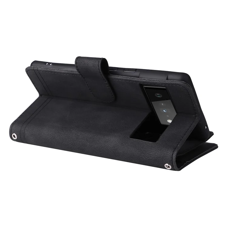 Drucken Von Streifen Hauttouch PU Leder Ständer Flip Reißverschluss Taschenabdeckungskartenhalter Slots Magnetische Verschluss Schockdicht Mit Riemen Für Google Pixel 6 Pro - Schwarz