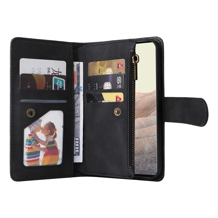 Drucken Von Streifen Hauttouch PU Leder Ständer Flip Reißverschluss Taschenabdeckungskartenhalter Slots Magnetische Verschluss Schockdicht Mit Riemen Für Google Pixel 6 Pro - Schwarz