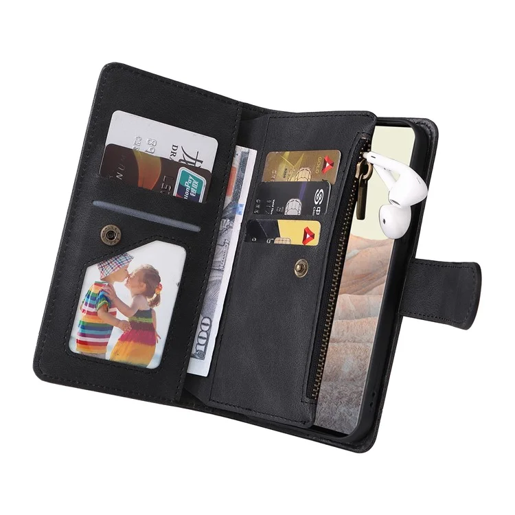 Drucken Von Streifen Hauttouch PU Leder Ständer Flip Reißverschluss Taschenabdeckungskartenhalter Slots Magnetische Verschluss Schockdicht Mit Riemen Für Google Pixel 6 Pro - Schwarz