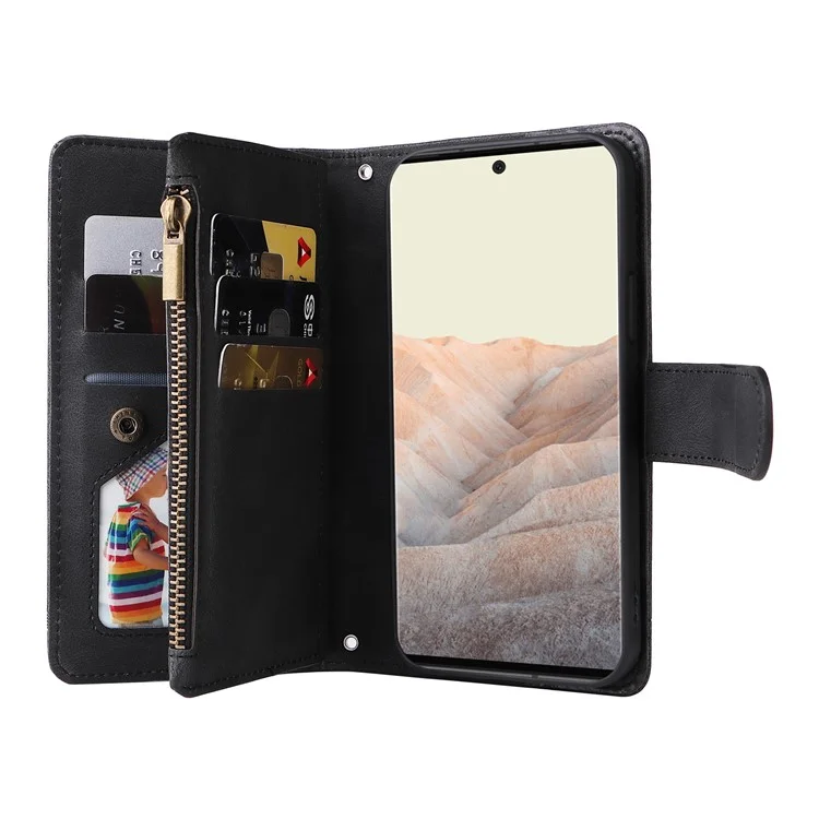 Drucken Von Streifen Hauttouch PU Leder Ständer Flip Reißverschluss Taschenabdeckungskartenhalter Slots Magnetische Verschluss Schockdicht Mit Riemen Für Google Pixel 6 Pro - Schwarz