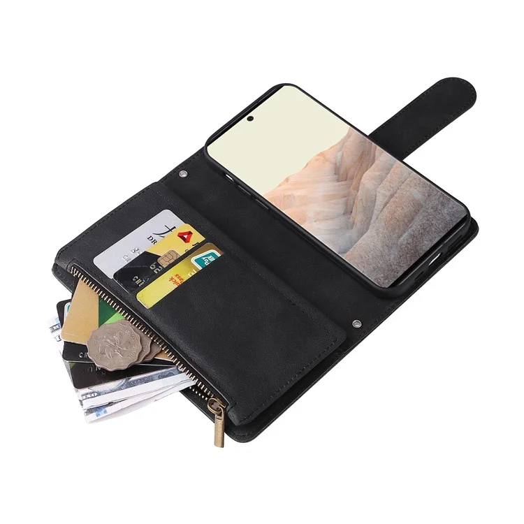 Drucken Von Streifen Hauttouch PU Leder Ständer Flip Reißverschluss Taschenabdeckungskartenhalter Slots Magnetische Verschluss Schockdicht Mit Riemen Für Google Pixel 6 Pro - Schwarz