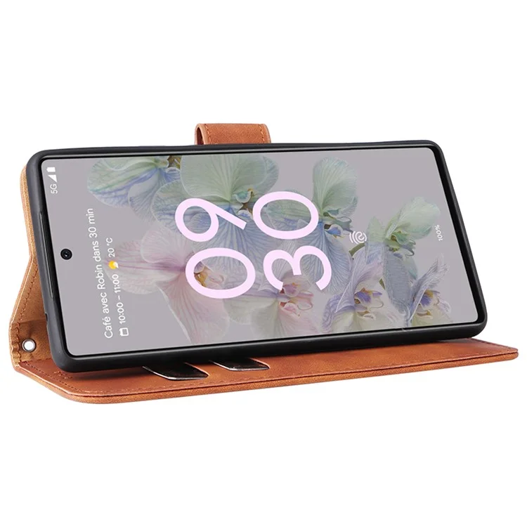 Comfortable Skin-touch Feeling Anti-scratch PU Leather Stand Phone Cover Wallet Case for Google Pixel 6a - Brown