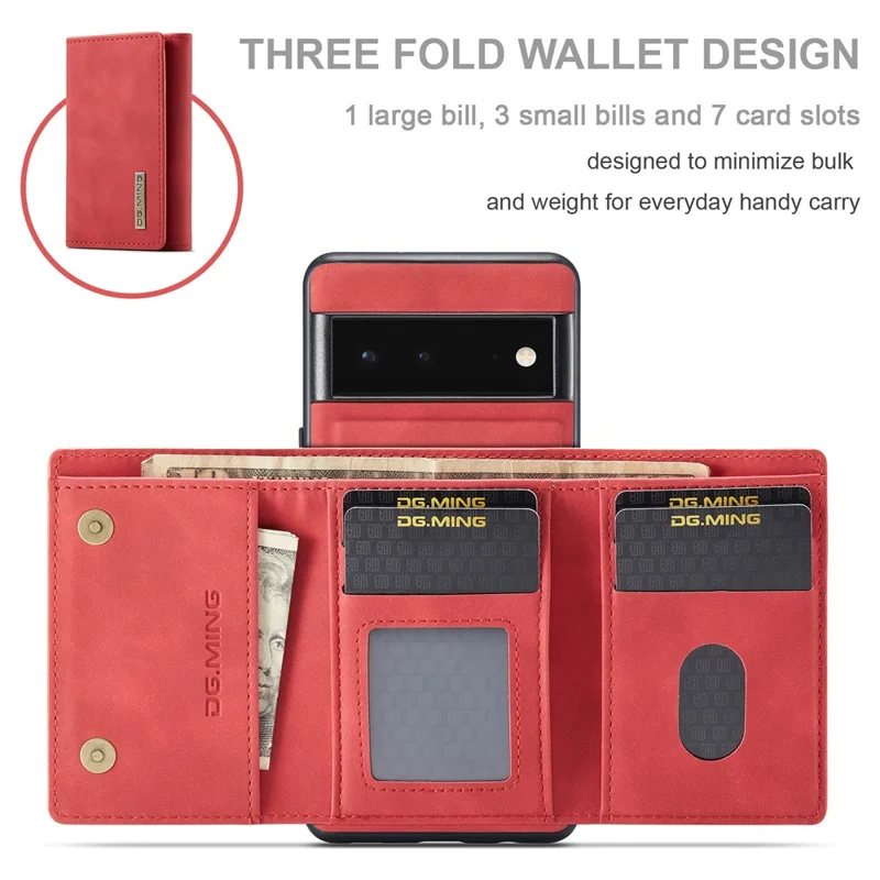 DG.MING M1 Series Detachable 2-in-1 Design Magnetic Absorption Wallet + PU Leather Coated Phone Case Cover with Kickstand for Google Pixel 6 Pro - Red