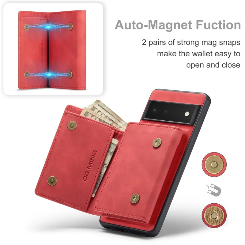 DG.MING M1 Series Detachable 2-in-1 Design Magnetic Absorption Wallet + PU Leather Coated Phone Case Cover with Kickstand for Google Pixel 6 Pro - Red