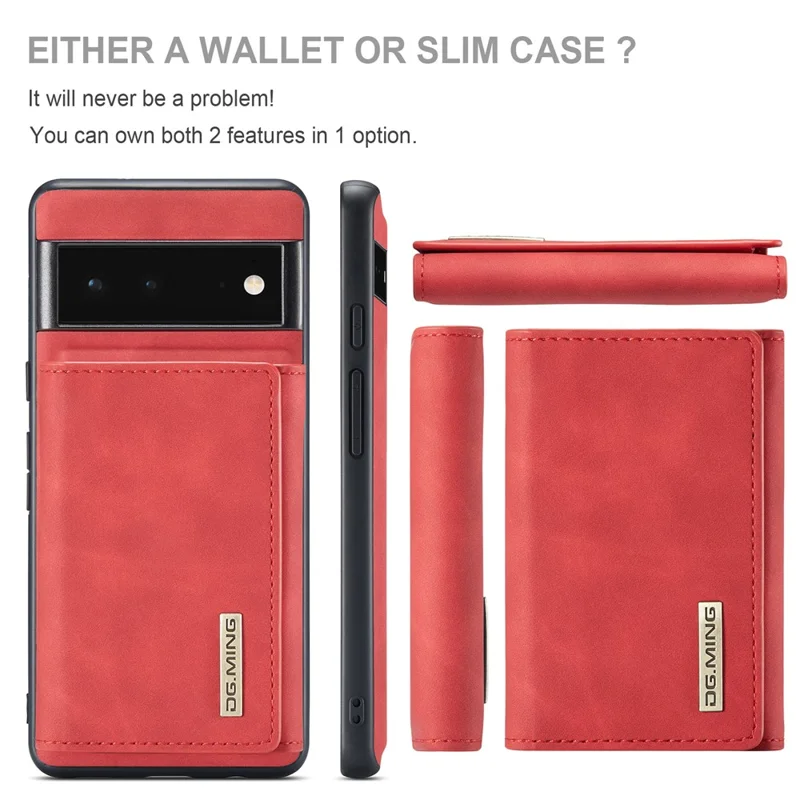 DG.MING M1 Series Detachable 2-in-1 Design Magnetic Absorption Wallet + PU Leather Coated Phone Case Cover with Kickstand for Google Pixel 6 Pro - Red