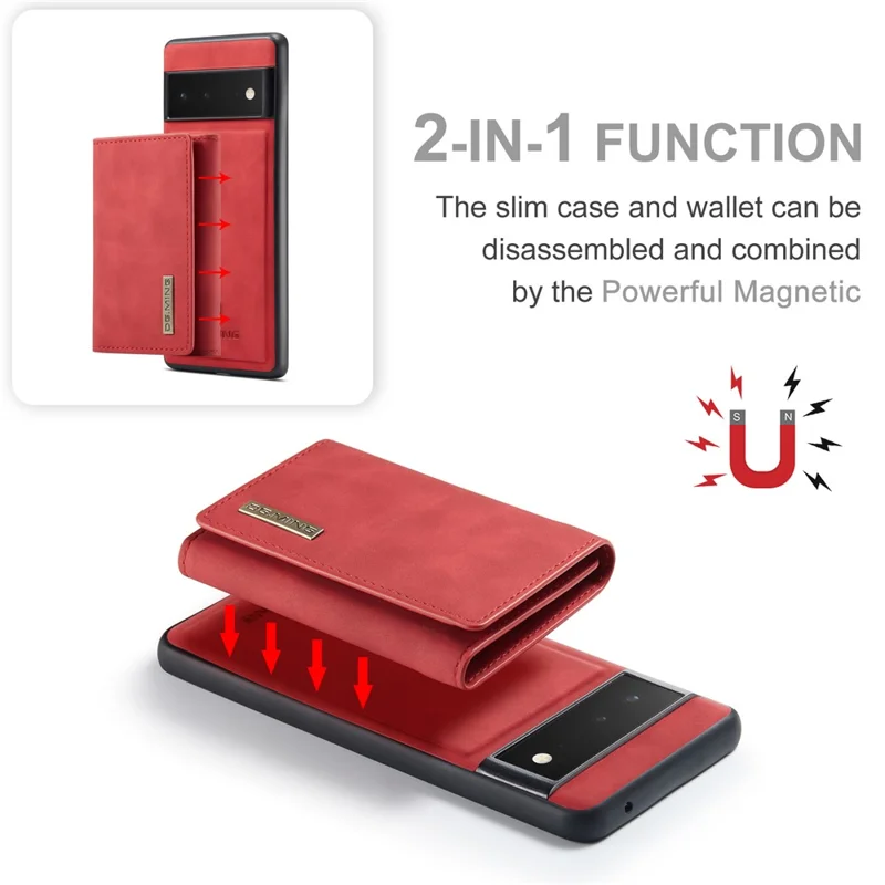 DG.MING M1 Series Detachable 2-in-1 Design Magnetic Absorption Wallet + PU Leather Coated Phone Case Cover with Kickstand for Google Pixel 6 Pro - Red