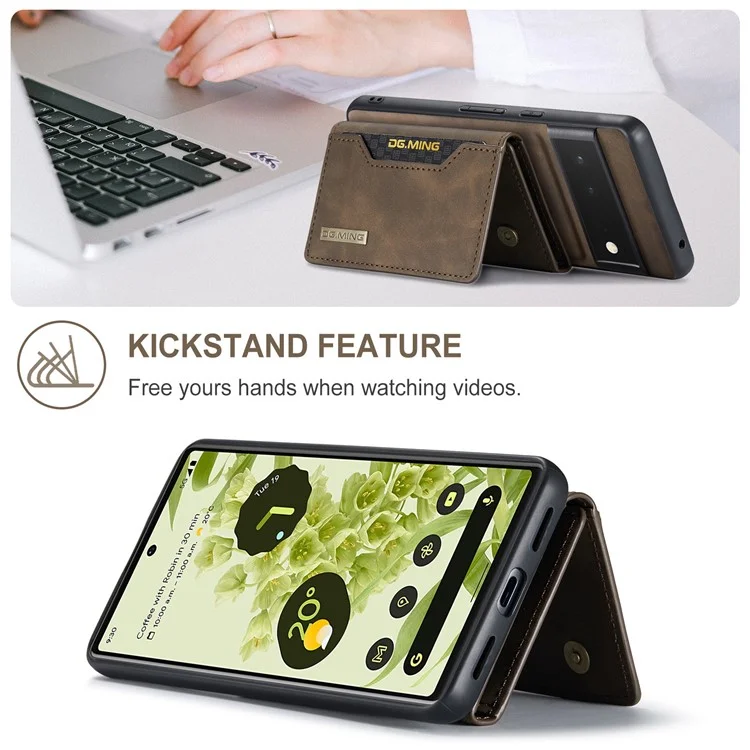 DG.MING M2 Series Shockproof Anti-scratch Magnetic Wallet Design Hybrid Case with Kickstand for Google Pixel 6 Pro - Coffee