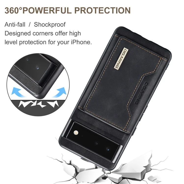 DG.MING M2 Series Multi Card Slots Anti-fall Magnetic Wallet Design Hybrid Case with Kickstand for Google Pixel 6 - Black