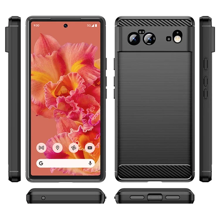 Étui en TPU texturé en fibre de carbone de 1,8 mm, surface brossée, sans empreintes digitales, flexible, protection arrière en TPU pour Google Pixel 6 - Noir