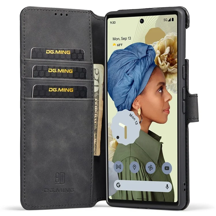 DG.MING Stand Wallet Design Retro Style PU Leather + TPU Phone Case Cover for Google Pixel 6 Pro - Black