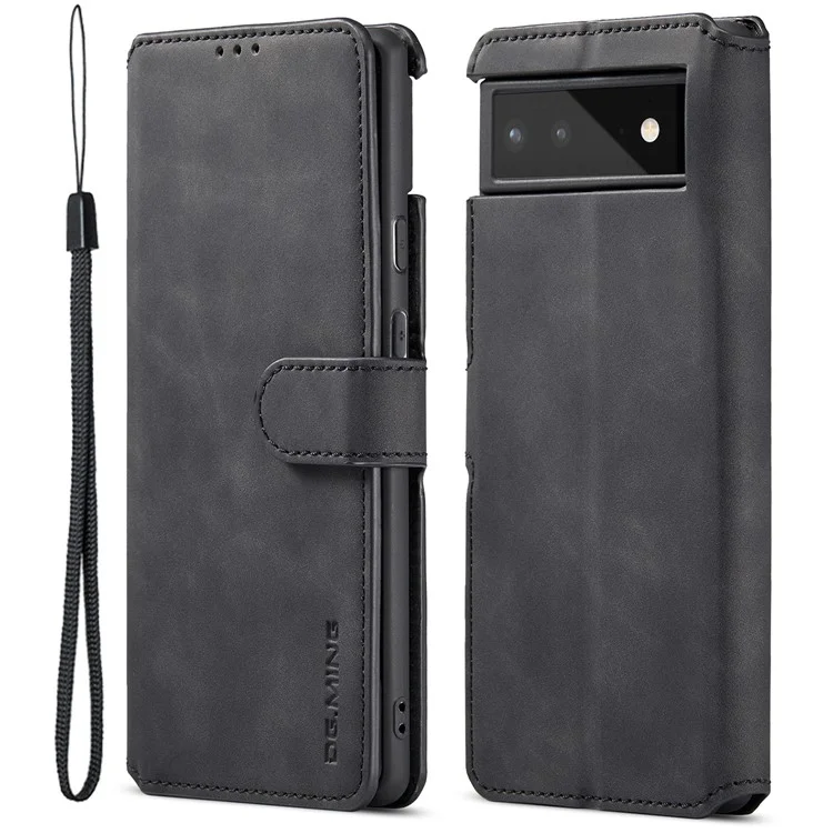 Dg. Ming Protección Completa Estilo Retro Cubierta de Cuero PU Case de Teléfonos TPU Con Billetera de Soporte Para Google Pixel 6 - Negro