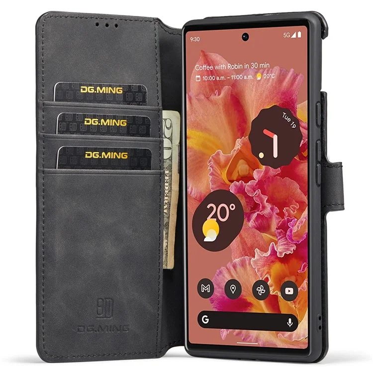 Dg. Ming Protección Completa Estilo Retro Cubierta de Cuero PU Case de Teléfonos TPU Con Billetera de Soporte Para Google Pixel 6 - Negro