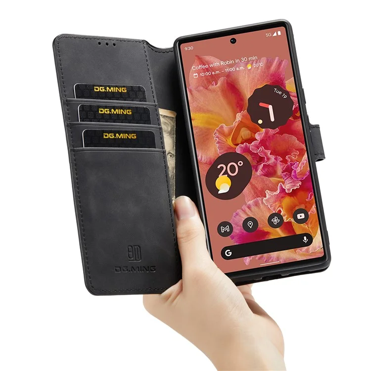 Dg. Ming Protección Completa Estilo Retro Cubierta de Cuero PU Case de Teléfonos TPU Con Billetera de Soporte Para Google Pixel 6 - Negro