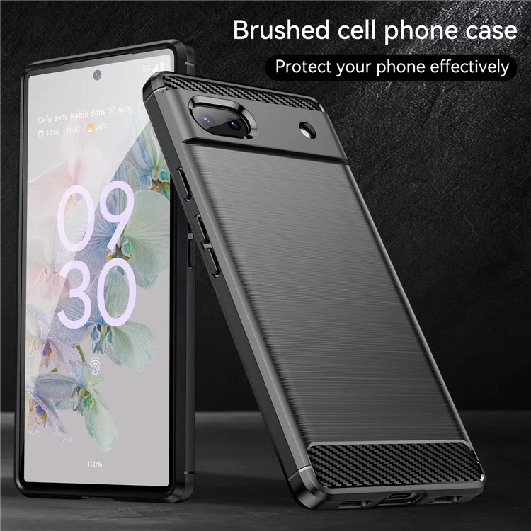 For Google Pixel 6a Shockproof TPU Case 1.8mm Brushed Surface Carbon Fiber Texture Phone Protector - Black