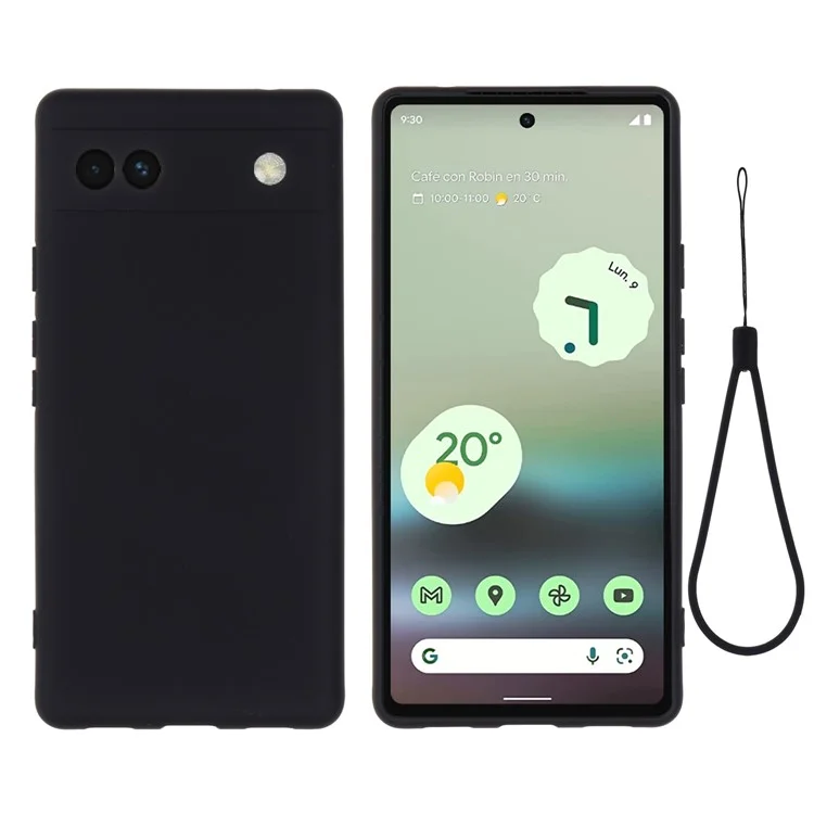 Soft Touch Liquid Silicone Microfiber Lining Anti-Shock Flexible Phone Case with Strap for Google Pixel 6a - Black