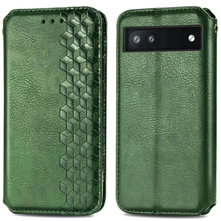 For Google Pixel 6a PU Leather Case Rhombus Imprint Wallet Stand Phone Cover - Green