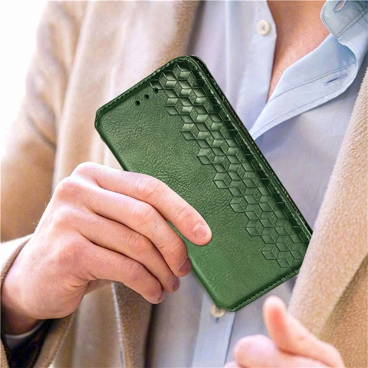 For Google Pixel 6a PU Leather Case Rhombus Imprint Wallet Stand Phone Cover - Green