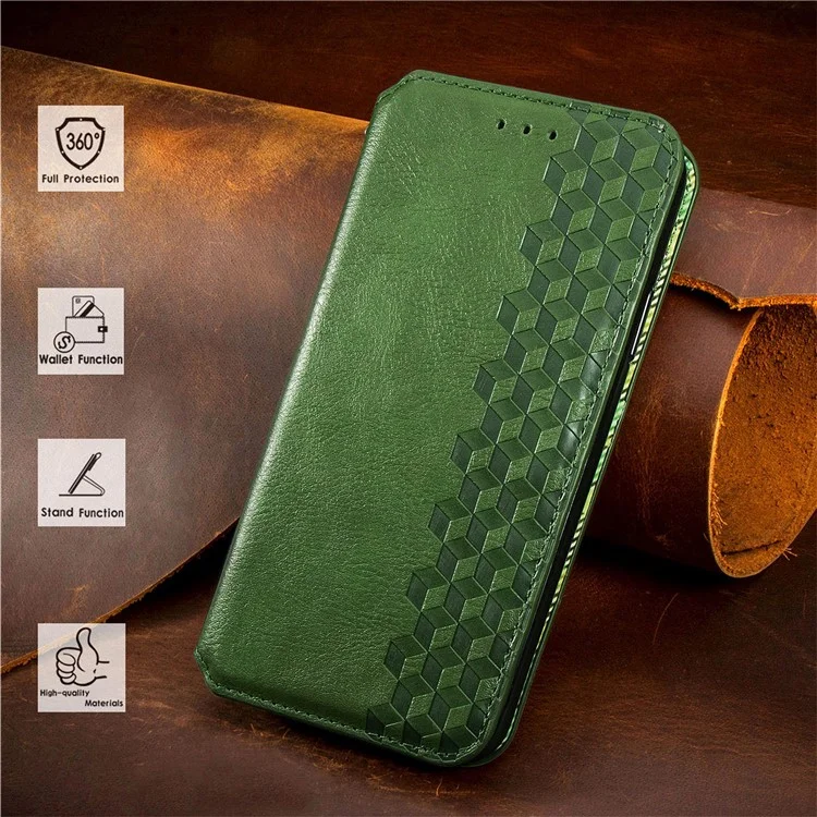 For Google Pixel 6a PU Leather Case Rhombus Imprint Wallet Stand Phone Cover - Green