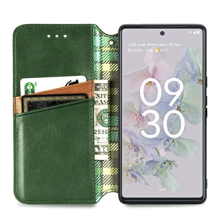 For Google Pixel 6a PU Leather Case Rhombus Imprint Wallet Stand Phone Cover - Green