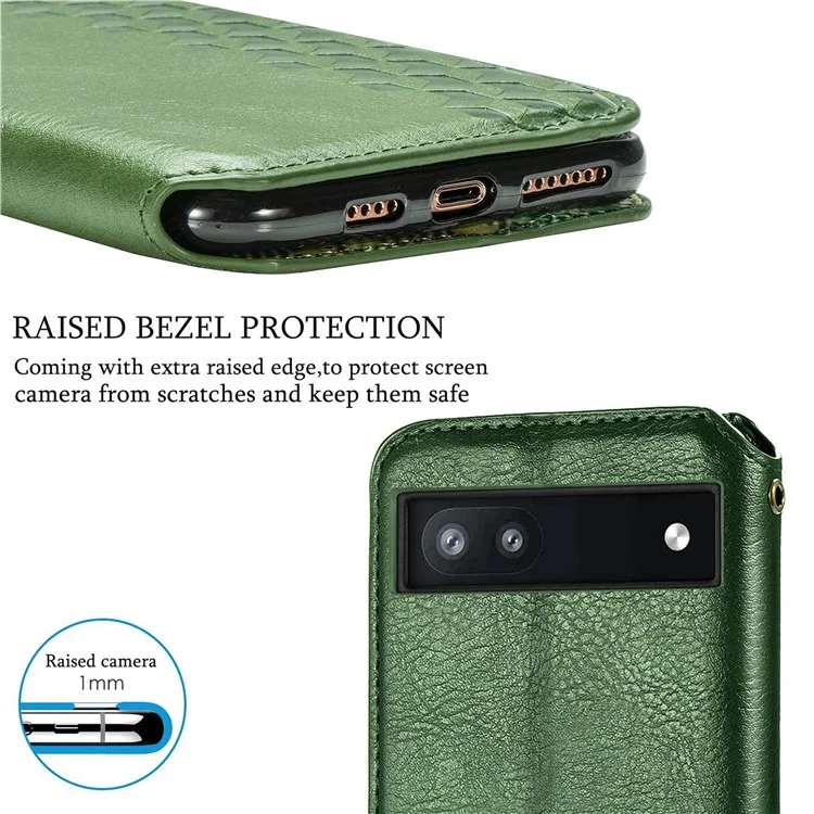 For Google Pixel 6a PU Leather Case Rhombus Imprint Wallet Stand Phone Cover - Green