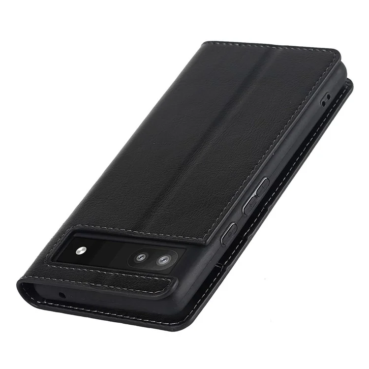 Genuine Leather Phone Case for Google Pixel 6a, Wallet Stand Crazy Horse Texture Shell - Black