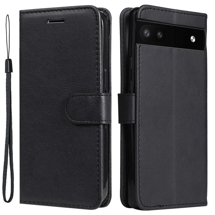 For Google Pixel 6a 5G Case Solid Color Leather Mobile Cover Wallet Stand with Strap - Black