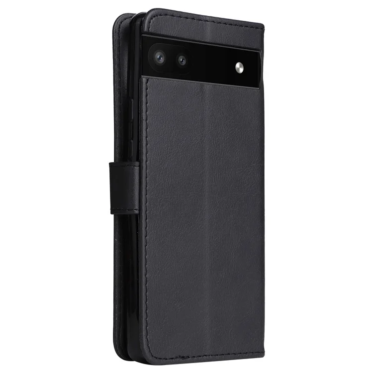 For Google Pixel 6a 5G Case Solid Color Leather Mobile Cover Wallet Stand with Strap - Black