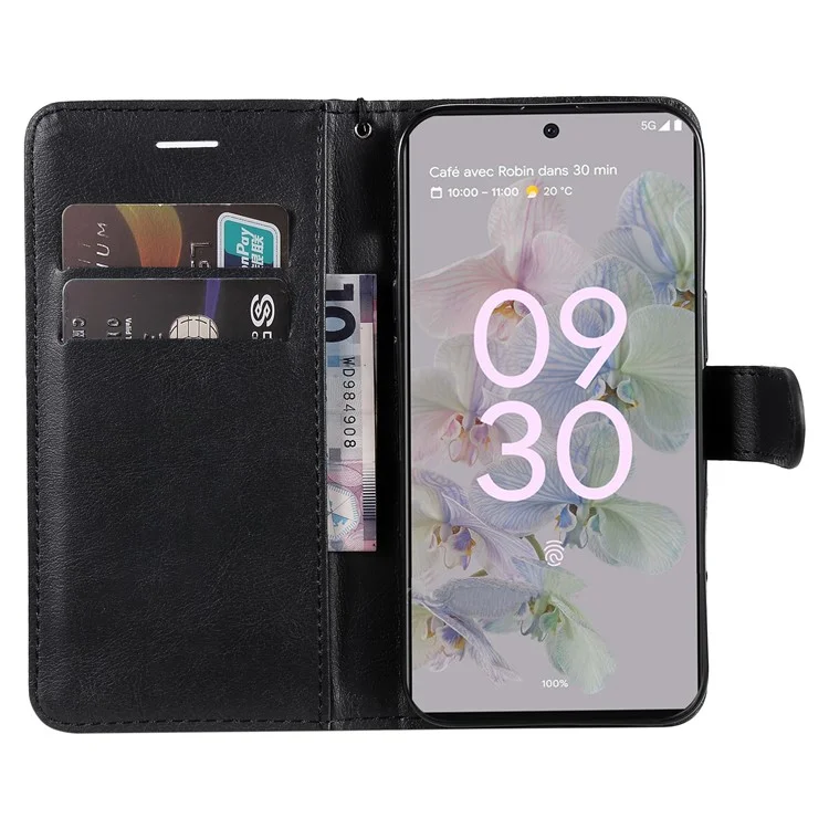 For Google Pixel 6a 5G Case Solid Color Leather Mobile Cover Wallet Stand with Strap - Black