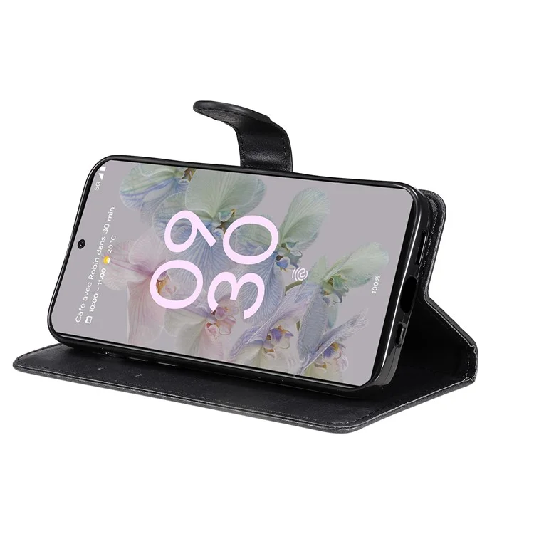 For Google Pixel 6a 5G Case Solid Color Leather Mobile Cover Wallet Stand with Strap - Black