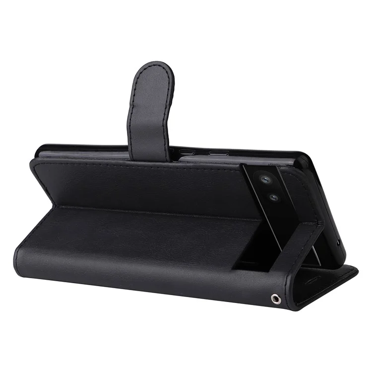 For Google Pixel 6a 5G Case Solid Color Leather Mobile Cover Wallet Stand with Strap - Black