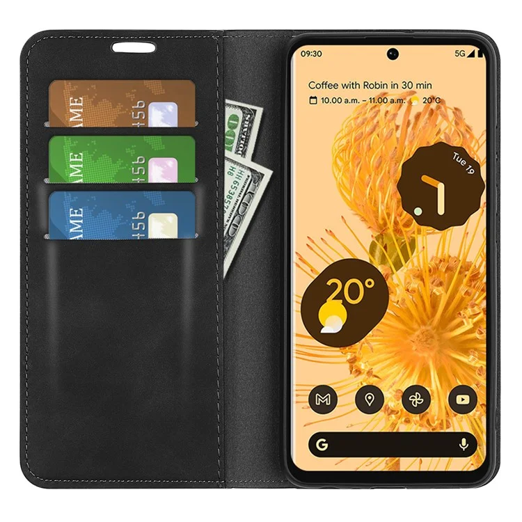 Funda de cuero con tacto suave para Google Pixel 7 Pro 5G, soporte, a prueba de caídas, cierre magnético automático, billetera y funda de teléfono - Negro