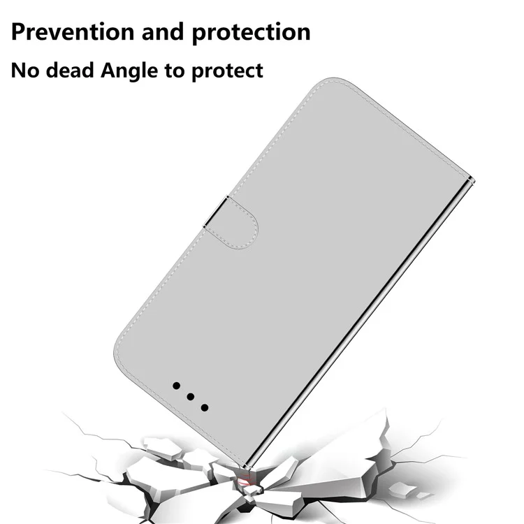 For Google Pixel 7 5G Mirror-Like Case Stand Feature Soft PU Leather Wallet Flip Cover with Wrist Strap - Silver