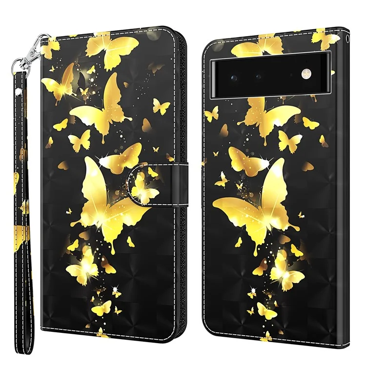 For Google Pixel 7 5G PU Leather 3D Creative Pattern Printing Phone Cover Wallet Stand with Wrist Strap - Golden Butterflies