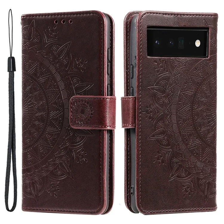 Para o Google Pixel 7 Pro PU PU Couro + TPU Iner TPU Profuça Capa Improvada de Mandala Flor Wallet Stand Caso de Suporte Com Cinta - Castanho