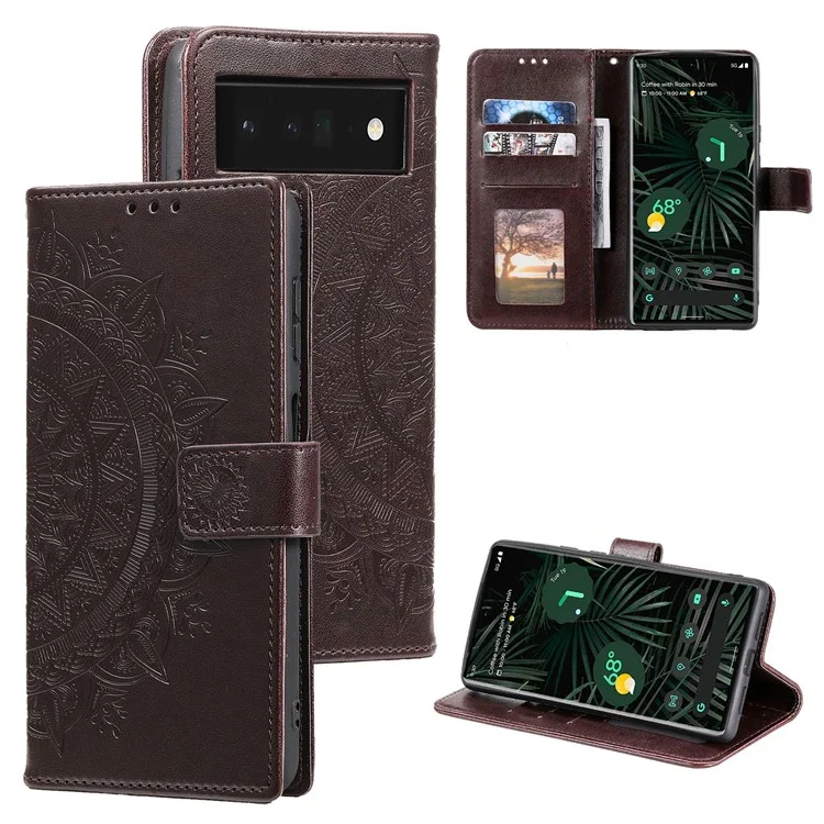 Para o Google Pixel 7 Pro PU PU Couro + TPU Iner TPU Profuça Capa Improvada de Mandala Flor Wallet Stand Caso de Suporte Com Cinta - Castanho